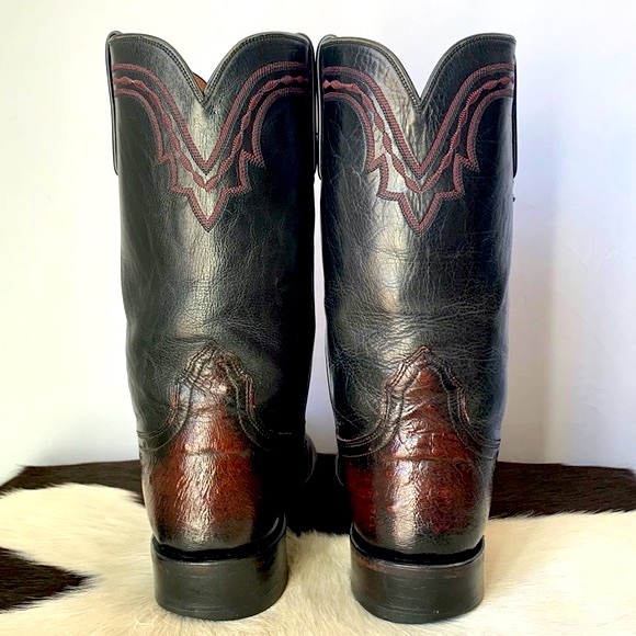 LUCCHESE Ostrich Leather Black Cherry Roper Cowboy Western Boots Men’s Size 9.5 - Picture 4 of 10